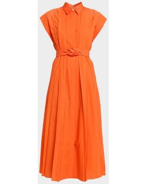 Mantu Pleated Cap-Sleeve Midi Shirtdress - Orange