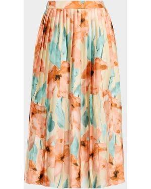 Misook Pleated Floral-Print Crepe De Chine Midi Skirt - Orange