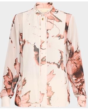 Jason Wu Burnt Floral-Print Chiffon Button-Down Blouse - Pink