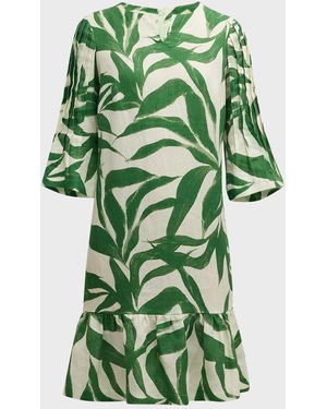Teri Jon Leaf-Print Ruffle Linen Dress - Green