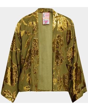Johnny Was Shakri Short Floral Burnout Silk Kimono - Green