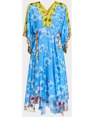 Johnny Was Floral-Print Silk Handkerchief Midi Dress - Blue