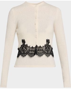 Adam Lippes Briar Lace-Trim Cashmere Knit Crewneck Cardigan - Natural