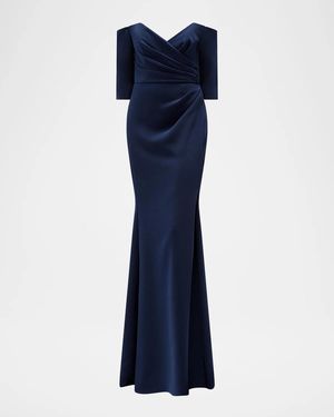 Amsale Stretch Crepe Off-The-Shoulder Gown - Blue