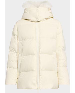 Yves Salomon Down Jacket With Removable Hood & Shearling Trim - Natural