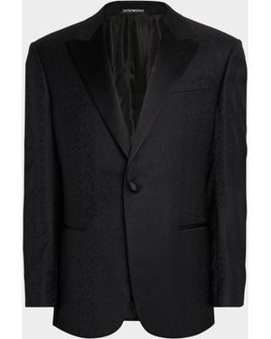 Emporio Armani Wool Jacquard Tonal Camouflage Peak Lapel Dinner Jacket - Black