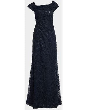 Teri Jon Asymmetric Sequin Lace Gown - Blue