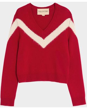 Valentino Garavani Wool V-Neck Sweater With Vlogo Bow - Red