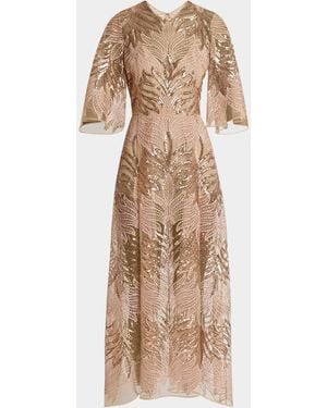 Elie Saab Sequin Embroidered Tulle Midi Dress - Natural
