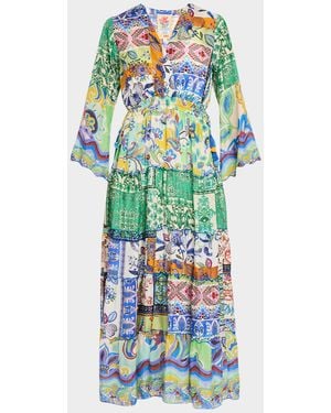 Johnny Was Tiered Patchwork-Print Silk Maxi Dress - Blue