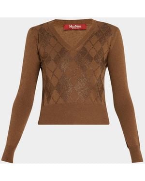 Max Mara Rhinestone Argyle Wool-Cashmere Sweater - Brown