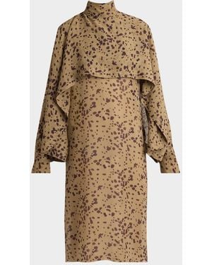 Ferragamo Orchid Print Silk Cape Midi Dress - Natural