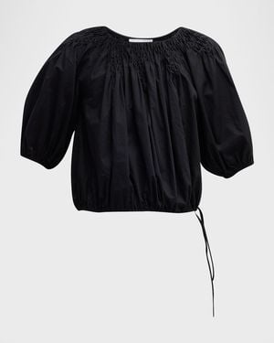 Merlette Lotus Smocked Blouson-Sleeve Voile Blouse - Black