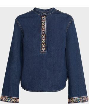 Cinq À Sept Birdie Embroidered Denim Top - Blue