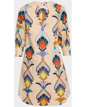 Maison Common Abstract-Print Cotton Poplin 3/4-Sleeve Dress - Multicolor