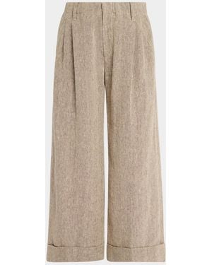 Brunello Cucinelli Rustic Linen Pleated Boxy Wide-Leg Ankle Pants With Monili - Natural