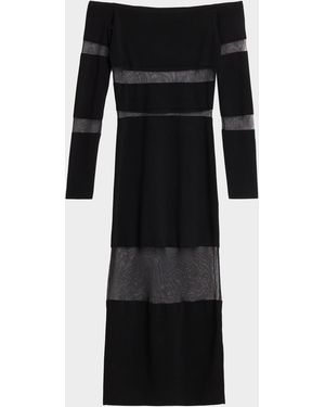 LAPOINTE Off-The-Shoulder Sheer Striped Matte Viscose Midi Dress - Black