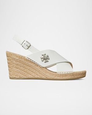 Tory Burch Turnlock Leather Slingback Espadrille Wedge Sandals - White