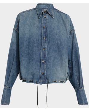Brandon Maxwell Leland Denim Drawstring Bubble Shirt - Blue