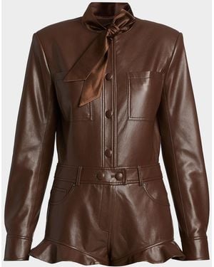 Self-Portrait Faux-Leather Ruffled-Hem Playsuit - Brown