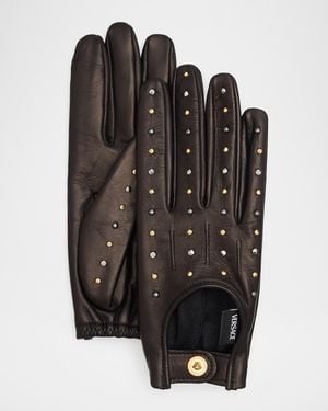 Versace Studded Lambskin Leather Gloves - Black