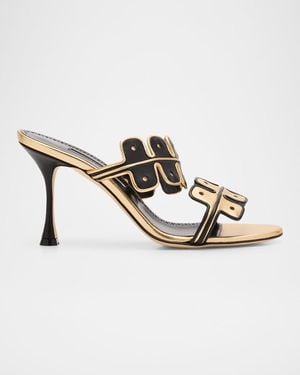 Manolo Blahnik Aplinanu Nappa Leather Double-Band Slide Sandals - Metallic