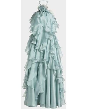 Mac Duggal Halter-Neck Ruffle Trapeze Gown - Blue