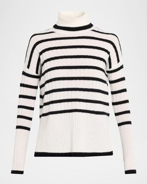 Neiman Marcus Cashmere Striped Rib Knit Turtleneck - White