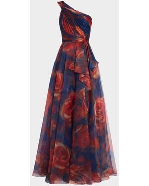 Cynthia Rowley Meadow One-Shoulder Floral Organza Gown - Red