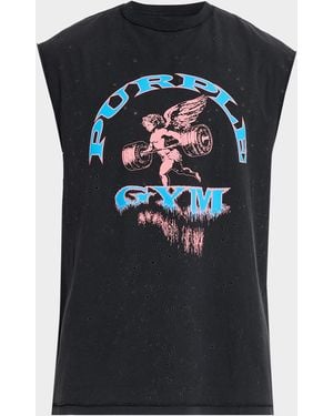 Purple Apos;S Distressed Cotton Gym Logo Sleeveless T-Shirt - Black