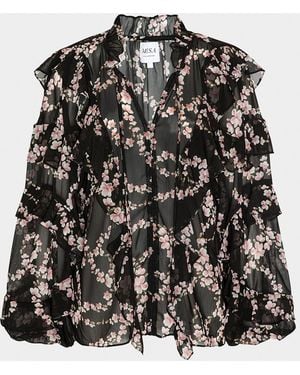 MISA Los Angles Lupe Chained Blossom Ruffled Chiffon Blouse - Black