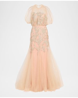 Lela Rose Ikat Floral Embroidered Tulle Trumpet Gown - Natural