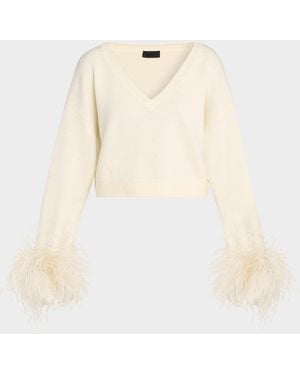 LAPOINTE Merino Wool V-Neck Crop Sweater With Feather Cuffs - White