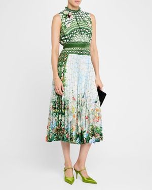 Mary Katrantzou Hollie Garden-Print Sleeveless Pleated Midi Dress - Green