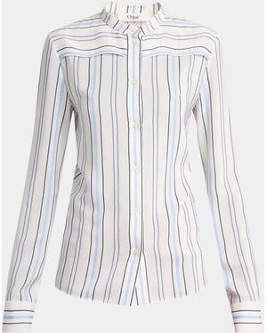 Chloé Striped Silk Jacquard Shoulder-Yoke Button-Down Shirt - White