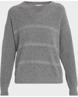 Peserico Striped V-Neck Knit Sweater - Gray