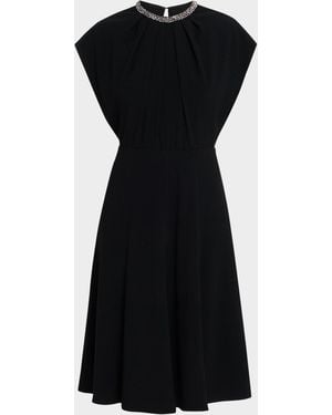 Teri Jon Beaded Crepe A-Line Midi Dress - Black