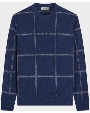 Bugatchi Apos;S Plaid Wool-Cotton Crewneck Sweater - Blue