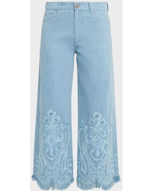 Kobi Halperin Marigold Embroidered Washed Denim Wide-Leg Pants - Blue