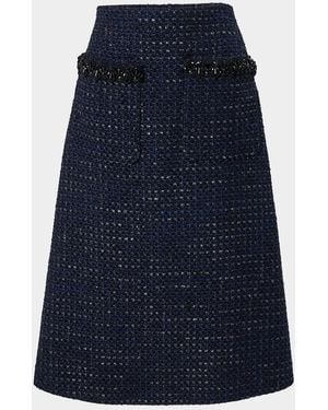Carolina Herrera Embellished Pocket Tweed A-Line Midi Skirt - Blue