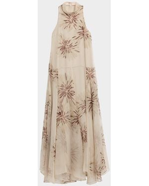 Brunello Cucinelli Floral-Print Silk Halter Maxi Dress - Natural