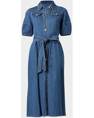 Shoshanna Mara Puff-Sleeve Denim Midi Shirtdress - Blue