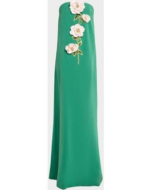 Lela Rose Peony Embroidered Strapless Crepe Gown - Green