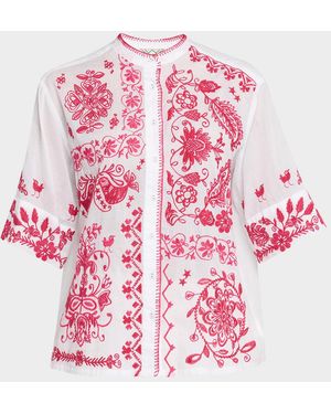 Johnny Was Floral-Embroidered Cotton Shirt - Pink
