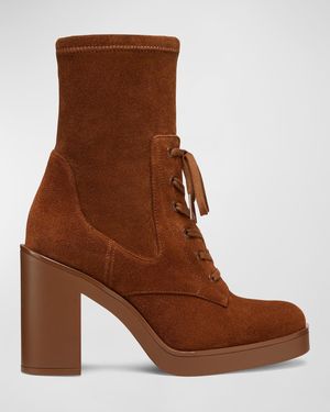 Stuart Weitzman Everitt Stretch Suede Lace-Up Booties - Brown
