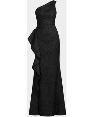 Teri Jon One-Shoulder Jacquard Side-Ruffle Gown - Black