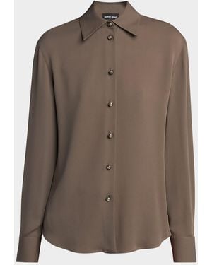 Giorgio Armani Pearly Buttoned Silk Georgette Shirt - Brown