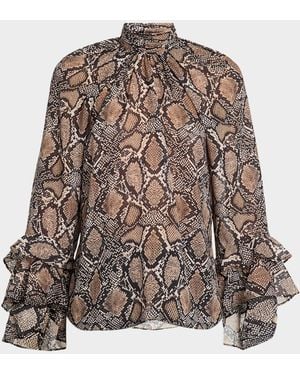 Emanuel Ungaro Raina Ruffle Snakeskin-Print Blouse - Brown