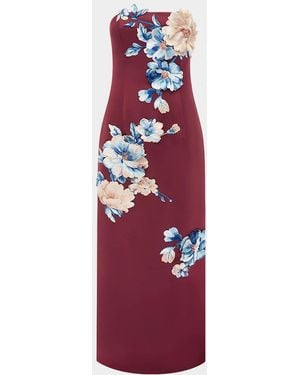 LEO LIN Rayna Strapless Floral Applique Column Gown - Red