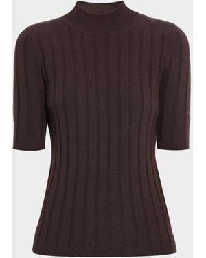 Neiman Marcus Ribbed Cashmere Elbow-Sleeve Sweater - Brown